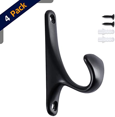 4 Pack Vintage Bath Towel Hooks Black, Tin Alloy Clothes Hooks for Hanging Coat and Robe, Industrial Heavy Duty Wall Mounted Hook with All Mounting Hardware for Farmhouse Retro DIY Projects