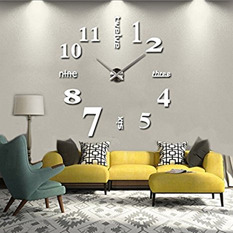 Elikeable Modern 3D Frameless Large 3D DIY Wall Clock Watches Hours DIY Decorations Home for Living Room Bedroom (silver)