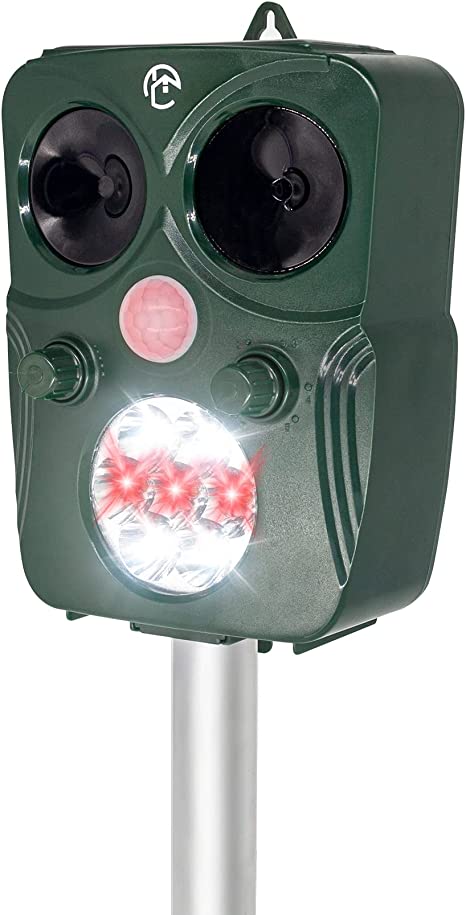 Careland Solar Powered Ultrasonic Animal Repellent Waterproof Cat Repellent Squirrel Raccoon Skunk Fox Deer Deterrent Chaser with 5 Adjustable Mode Motion Activated LED Strobe Light