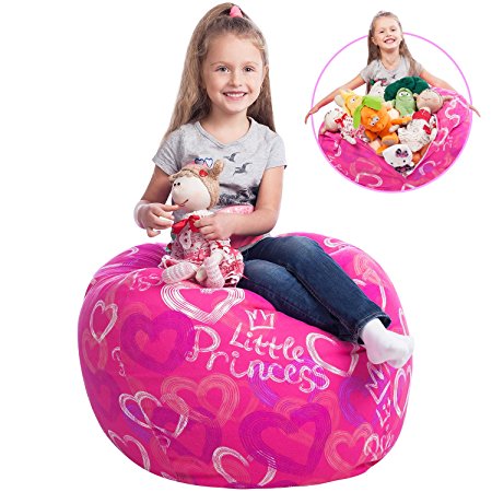 Stuffed Animal Storage Bean Bag Cover -  Stuffed Toy Organizer and Storage Solution. Pink Color, Nice for Girls. 27 in, Little Princess