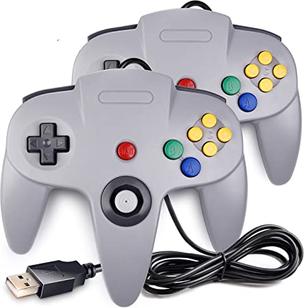 [USB Version] 2 Pack Classic N64 Controller, iNNEXT N64 Wired USB PC Game pad Joystick, N64 Bit USB Wired Game Stick for Windows PC MAC Linux Raspberry Pi 3 Genesis Higan (Grey)