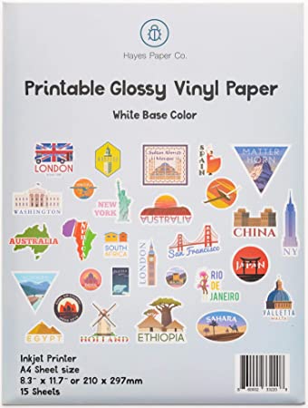Hayes Paper Co. Vinyl Sticker Paper for Inkjet Printers, 15 Premium Glossy White Waterproof Vinyl Sheets, A4 Size