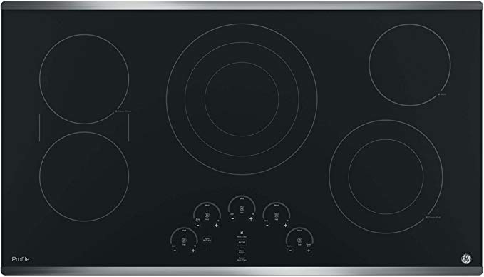 GE PP9036SJSS 36 Inch Electric Cooktop with 5 Radiant, Bridge SyncBurners, 6"/9"/12 Inch Tri-Ring, 5"/8 Inch Power Boil Element, Red LED Touch Controls, ADA Compliant Fits Guarantee