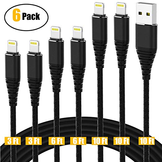 6Pack [3ftx2 6ftx2 10ftx2 ] Charging Cord CABEPOW for Long iPhone Charger Cable/Data Sync iPhone Charging Cable Cord Compatible with iPhone X/8/8 Plus/7/7 Plus/6/6s Plus/5s/5, iPad Mini/Air(Black)