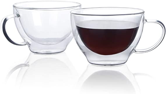 Sweese 422.101 Glass Espresso Cups - 8oz Double Wall Insulated Cups with Handle, Perfect for Hot Beverages - Espresso Coffee, Latte, Cappuccino, set of 2