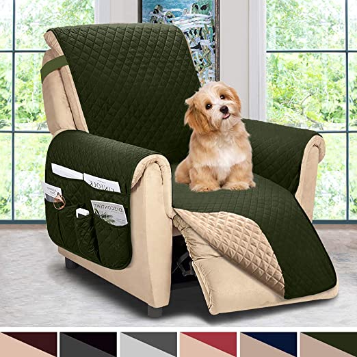 ASHLEYRIVER Reversible Recliner Chair Cover, Seat Width Up to 25 Inch Patent Pending,Recliner Covers for Dogs,Recliner Slipcover,(Recliner Medium:Green/Beige)