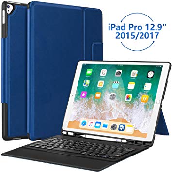 iPad Pro 12.9 Case with Keyboard Compatible for iPad Pro 12.9" 2015/2017, Ultra-Thin PU Leather Silicon Rugged Shock Keyboard Stand Case with Pencil Holder (Not Fit for 2018 New ipad)-Blue