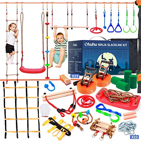 Ninja Warrior Obstacle Course for Kids - 2 X Ninja Slackline 50ft with 12 Accessories for Kids, Includes Swing, Obstacle Net Plus Grip Tape - Have Fun, Keep Fit and Become a Ninja Warrior -Swing Strap