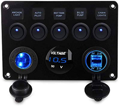 Kohree 5 Gang Rocker Switch Panel 12V Waterproof for RV Boat Car Vehicles Truck Marine, Toggle Led Switch Panel Digital Voltmeter Display Dual USB Charger Port DC 12/24 Volt Socket 12/24V Blue Lighted