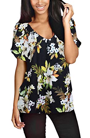 Rimi Hanger Women Printed Turn Up Short Sleeve T Shirt Ladies V Neck Loose Fit Baggy Top Tee S/2XL