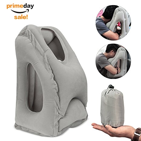 SENQIAO Inflatable Travel Pillow,Air Cushion Portable Nap Pillow for Airplanes,Cars,Office Napping,Soft PVC Flocking (Grey)