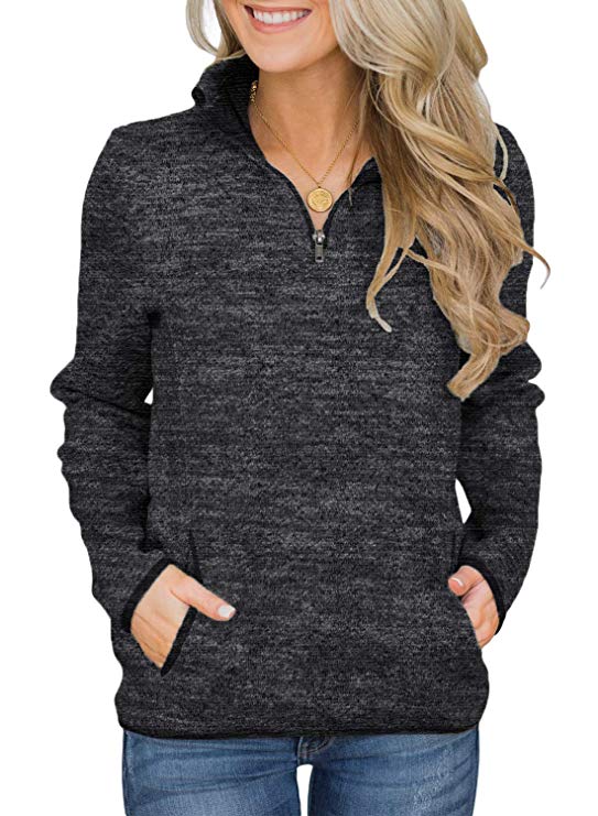 Aleumdr Women Casual Long Sleeve 1/4 Zipper Color Block Sweatshirts Stand Collar Pullover Tunic Tops with Pockets S-XXL