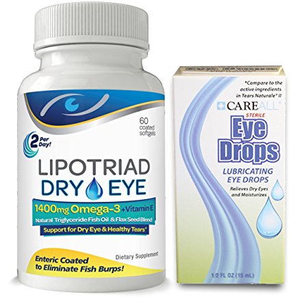 Lipotriad Complete Dry Eye Relief Kit- 1400mg Omega 3 Supplement PLUS Lubricant Eye Drops – For Immediate and Long-term Relief of Dry Eye Symptoms – 1mo supply