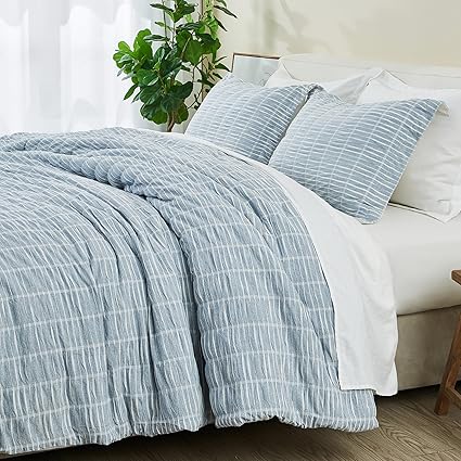 Full/Queen 100% Cotton Comforter Set | Blue Puckered Striped Down Alternative Comforter | All Season, Linen-Like, Textured 3 Piece Bedding Comforter Set (Full/Queen, Blue)