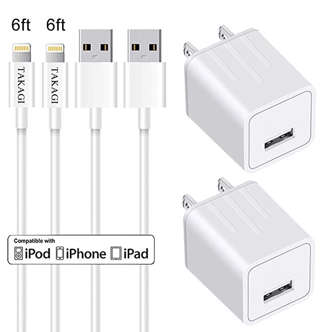 TAKAGI Fast Charging High Speed USB Data Sync Transfer 6feet Cord 2 Sets Charger Cable with Wall Plug Phone Adapter(ETL Listed) Compatible with Phone XS MAX/XR/X/8/7/Plus/6S/6/SE/5S/5C/Mini/Air