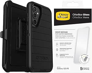 OtterBox Galaxy S23 FE (Only) Bundle: - Defender Series Case - Black - Glass Screen Protector - Holster Clip Included - Microbial Defense Protection - Non-Retail Packaging