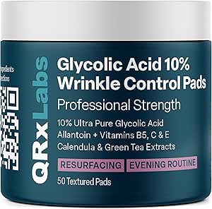 QRxLabs Glycolic Acid 10% Wrinkle Control Pads With 10% Ultra Pure Glycolic Acid, Allantoin, Vitamins B5, C & E, Calendula & Green Tea Extracts - Helps Keep Skin Smooth And Prevents Wrinkles And Lines