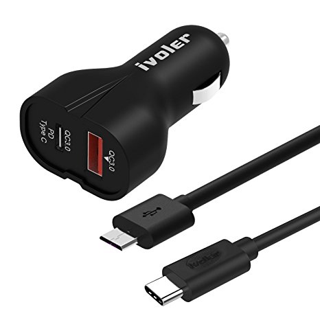 iVoler Car Charger with USB C & Power Delivery, Quick Charge 3.0 Car Charging with 1M Micro USB & Type C Cable for Pixel / XL, New MacBook / MacBook Pro, Pixel C Tablet and More - Black