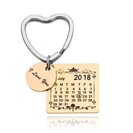 Personalized Special Date Calendar Keychain - Customized Stainless Steel Key Chain with Date and Name Carving, Creative Gifts for Lover (Gold-3)