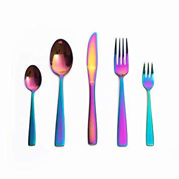 Silverware Set, MEJAJU 20 Pieces Stainless Steel Eating Utensil Set with Gift Box, Include Knife, Forks and Spoons, Mirror Polished Flatware Set for 4, Dishwasher Safe, Rainbow
