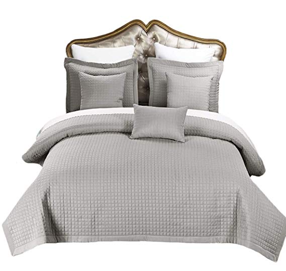 Royal Hotel Twin/Twin Extra Long Size Gray Coverlet 2pc Set, Luxury Checkered Quilt