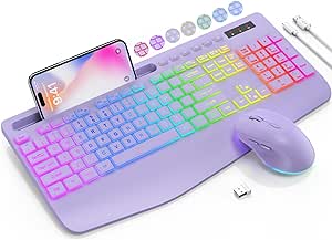 Wireless Keyboard and Mouse Combo, 9 Backlit Effects, Wrist Rest, Phone Holder, 2.4G Lag-Free Ergonomic Keyboards, Rechargeable Silent Cordless Set for Computer, Laptop, Mac, Windows -SABLUTE（Purple）