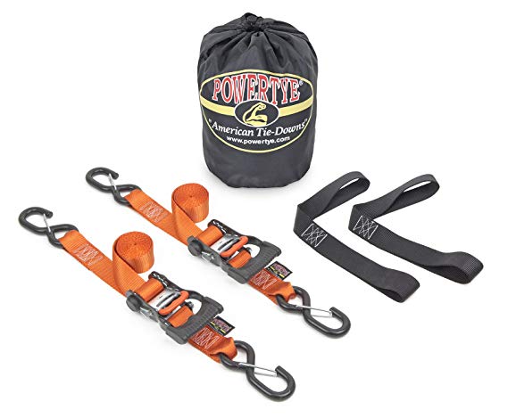 1½" x 6ft PowerTye Made in USA Ergonomic Ratchet Tie-Down Kit with 1½"x18" Soft-Tyes and Storage Bag, Orange (pair)