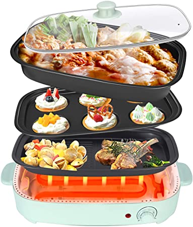 Multifunctional Electric Grill,Electric Grill with Hot Pot, 3 in 1 Indoor Non-Stick Electric Hot Pot and Griddle for 2-5 people，barbecue, baking, slow cooking, steaming, and eating.