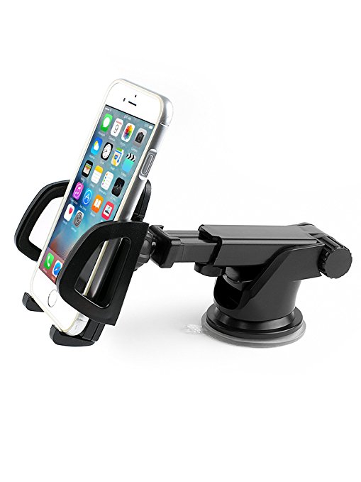Car Phone Mount, Universal 2-in-1 Phone Holder Dashboard/Windshield Strong Suction, Guarantee, 360 Viewing Angle for iPhone X,8,7,7 Plus,6,6 Plus, 5S Samsung Galaxy and More devices.
