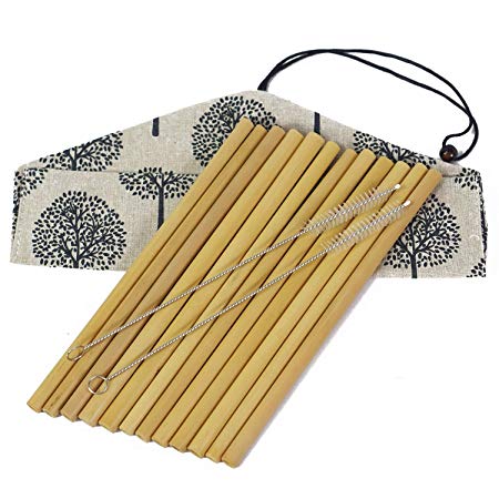 Set of 12 Bamboo Straws by EKOGO | 8 Inches Prime Natural Reusable Drinking Straw | With 2 Cleaning Brushes | Handcrafted, Organic, Biodegradable | Eco-friendly Replacement for Plastic Ones