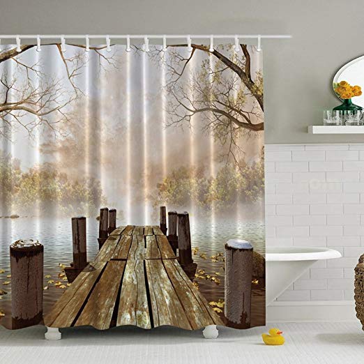 Shower Curtain, Jaragar Waterproof Mildewproof Polyester Fabric Shower Curtain Fall Wooden Bridge Printed Bath Accessories 71 x 71 inch with Plastic Hooks