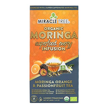 Miracle Tree's Energizing Moringa Infusion - Orange & Passionfruit | Super Caffeinated Blend | Healthy Coffee Alternative, Perfect for Focus | Organic Certified & Non-GMO | 16 Pyramid Sachets