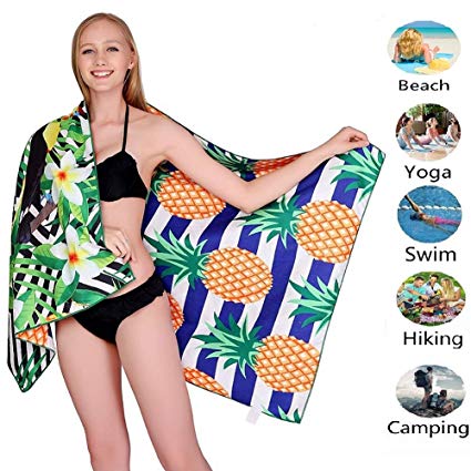 Microfiber Sand Free Beach Towel Blanket-Quick Fast Dry Super Absorbent Antibacterial Lightweight Thin Towel for Travel Pool Swimming Bath Camping Yoga Gym Sports Idea Plumeria rubra with Pineapple