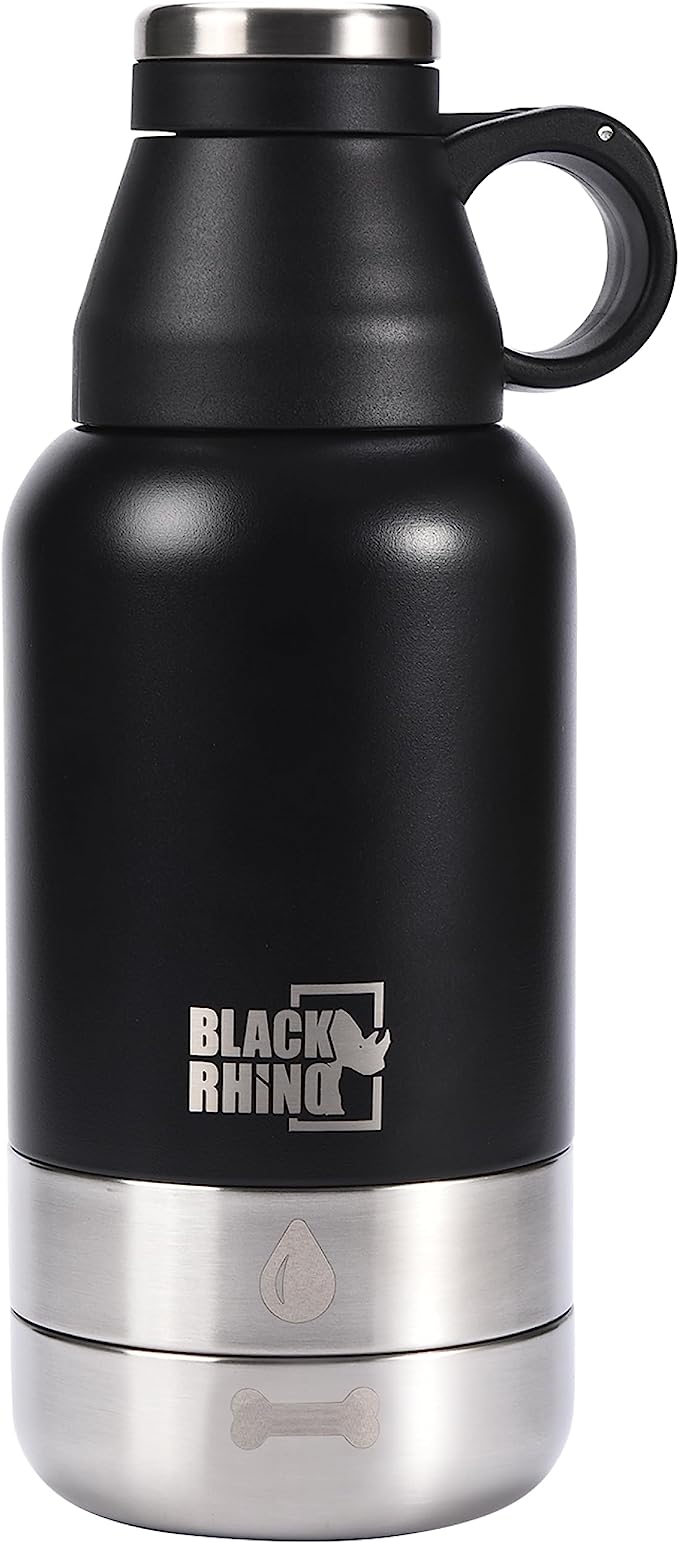 Black Rhino Dog Bowl Attached to Stainless Steel Insulated Travel Bottle - Dog Water Bottle - Portable Dispenser for Pet Food and Water with Bowl - Canteen Case While Walking Dogs