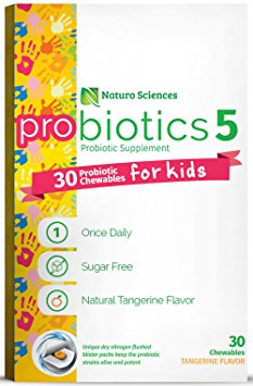 Naturo Sciences, Childrens Probiotic, Chewable Kids Digestive Probiotics, Nitrogen Filled Blister Packs for Best Product Freshness, 30 Once Daily Sugar Free Natural Tangerine Favor