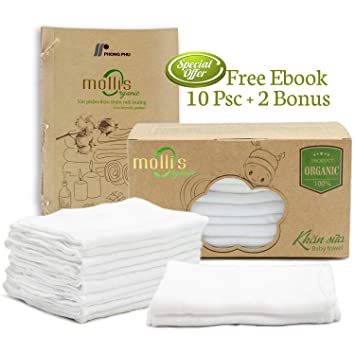 100% Organic Baby Washcloths- Premium Baby Muslin washcloths, Hand Towels, Baby Burp Cloths for Newborn- Soft Baby Wash Cloth and Muslin Washcloth for Sensitive Skin- 10+2 Pack 12x12 Inches (White)