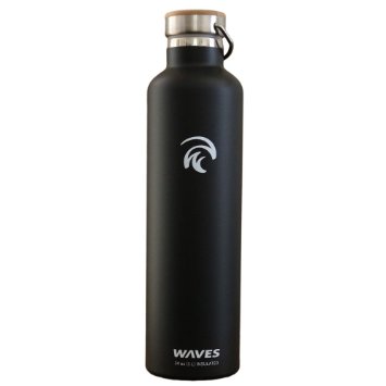 Waves Forever Cold Insulated Water Bottle - Available in Black White Silver - Keeps Liquid Cold for 24 Hours and Hot for 12 Hours - Insulated Dual Pane Stainless Steel with Bamboo Top Plate