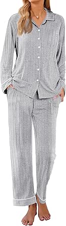 Ekouaer Womens Pajama Sets Long Sleeve Sleepwear Button Down Loungewear Soft 2 Piece Pj Set with Pockets