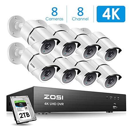 ZOSI 4K Ultra HD Security Cameras System, 8 Channel H.265  4K (3840x2160) Video DVR, 8 x 4K (8MP) Ip67 Bullet Weatherproof Surveillance Cameras, Motion Alert, 100ft Night Vision, with 2TB Hard Drive