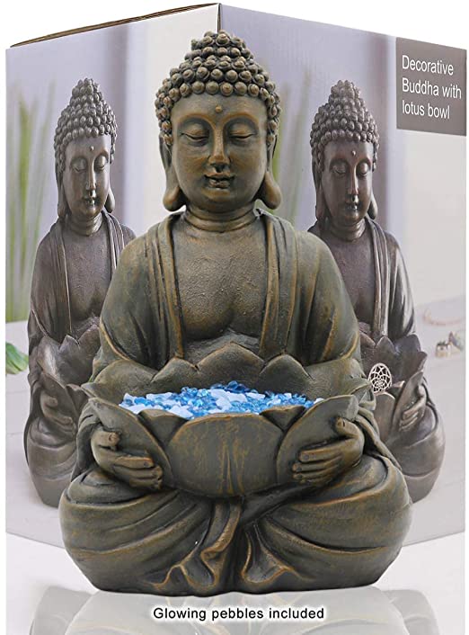 LIMEIDE Meditating Buddha Statue Figurine Sitting Sculpture Decoration 12' Marble Finish with Lotus and Magical Glow in The Dark Pebbles and Glass Stones, Polyresin, Antique Bronze Look