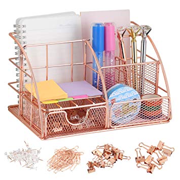 Rose Gold Desk Organizer with Drawer,File Tray and 4 Upright Sections for Pen,Marker,Paper etc, Mesh Metal Multi-Use Stationery Desktop Organizer for Office,School,Home(72pcs Clips Set for Free)
