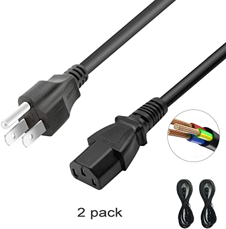 DTK 4 ft / 1.2M IEC 60320 3 Prong C13 Power Cord NEMA 5-15P to IEC-320-C13 Power Cable for PC,AC Adapter,Laptop, Monitor, Projector, Black Color,2 Pack