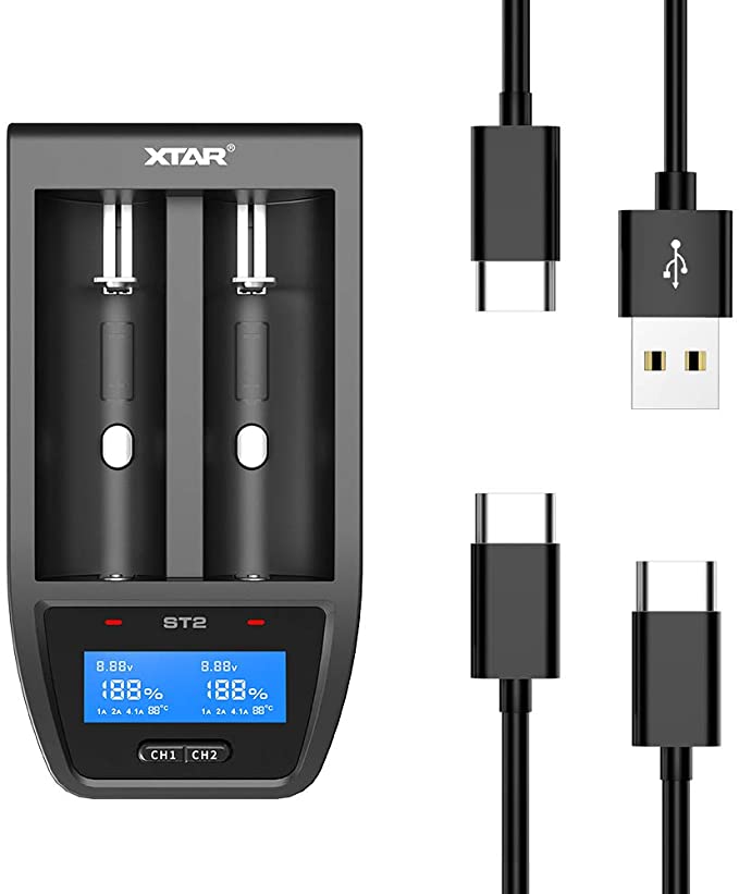 XTAR ST2 4.1A Dual Fast 18650 Batteries Charger USB C 21700 Charger for Rechargeable 3.6V 3.7V Li-ion 18650 20700 21700 22650 26650 Come with USB A USB C Cables