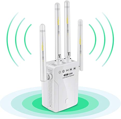 1200Mbps WiFi Range Extender Repeater,2.4 & 5GHz Dual Band WiFi Booster,Extend WiFi Signal to Smart Home & Alex Devices,WPS 360° Full Coverage Wireless Signal with 4 Antennas