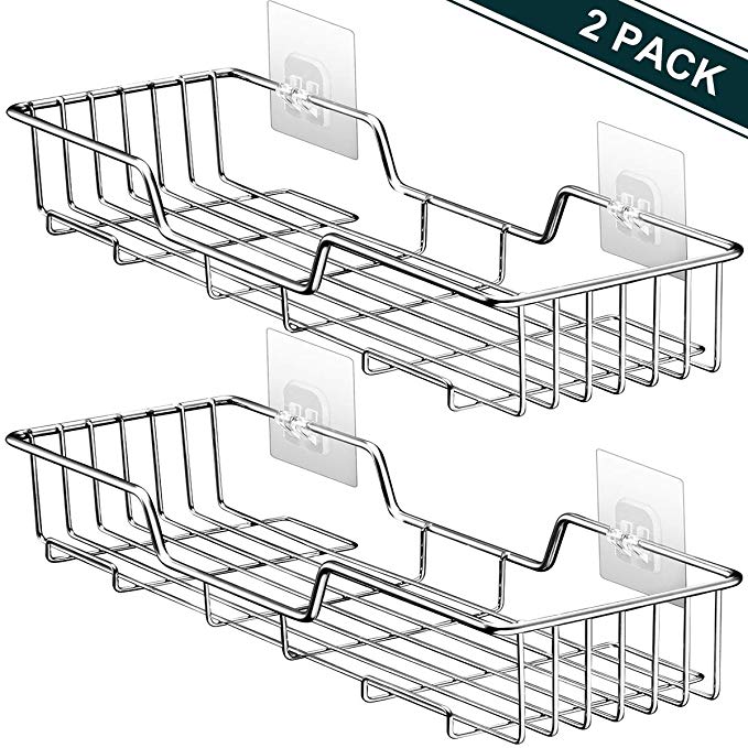 Shower Caddy Bathroom Shelf Organizer Stainless Steel Slotted Holder Storage Versatile for Kitchen Spice Rack with 2 Hanging Tower Caddy Hook Rustproof No Drilling Adhesive Wall Mounted SUS304 – 2PCS