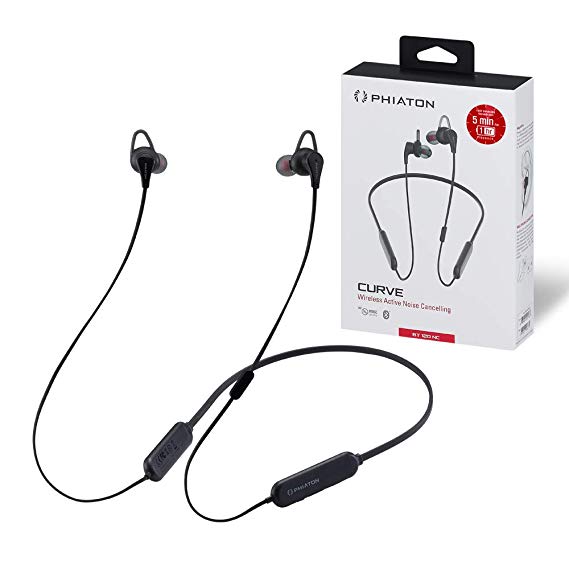Phiaton BT 120 NC Black Bluetooth Headphones – Neckband Earphones with Wireless Headphone Mic, BT Headphones with Active Noise Cancellation and IPX4 Certified Splash Resistance