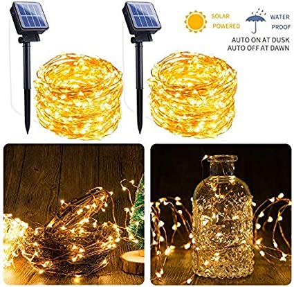 Outdoor Solar String Lights, 2 Pack 64 FT 200 LED Solar Powered Fairy Lights with 8 Lighting Modes Waterproof Decoration Copper Wire Lights for Patio Yard Trees Christmas Wedding Party (Warm White)