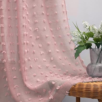 KOUFALL Dusty Pink Nursery Curtains for Baby Girls Bedroom Decor Boho Pom Pom Sheer Curtain for Kids Room 63 Inch Length 2 Panels