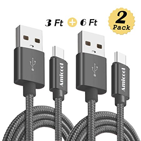 AmiCool USB Type C Cable to USB 3.0 Cable Nylon Braided Sync Cord Combination (2-Pack 6ft/3ft) for Samsung Galaxy S8 / S8 Plus, LG G6, G5, Lumia 950xl/950, Nexus 5x/6p, OnePlus 3, and Other Type-C Supported Devices (Black)
