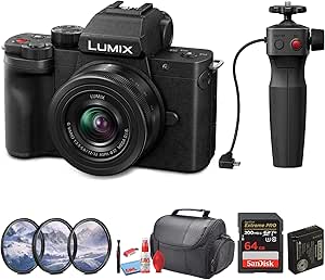 Panasonic Lumix G100 4K Mirrorless Camera with 12-32mm Lens and Tripod Grip Kit for Photo and Video Vlogging (DC-G100VK)   Filter Kit   64GB Card   Card Reader   Bag   Cleaning Kit